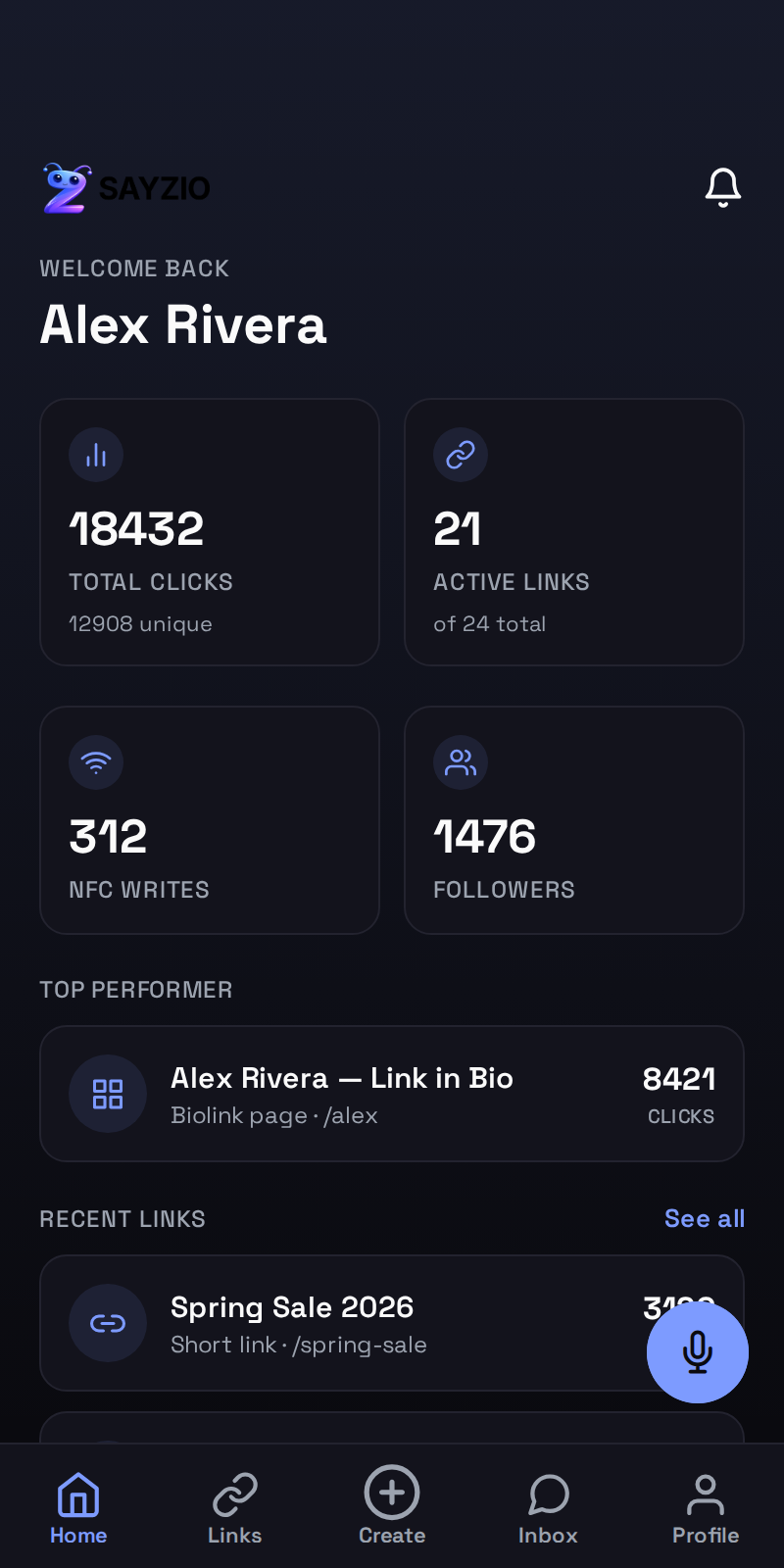 Sayzio app dashboard: links list with click counts and stat tiles